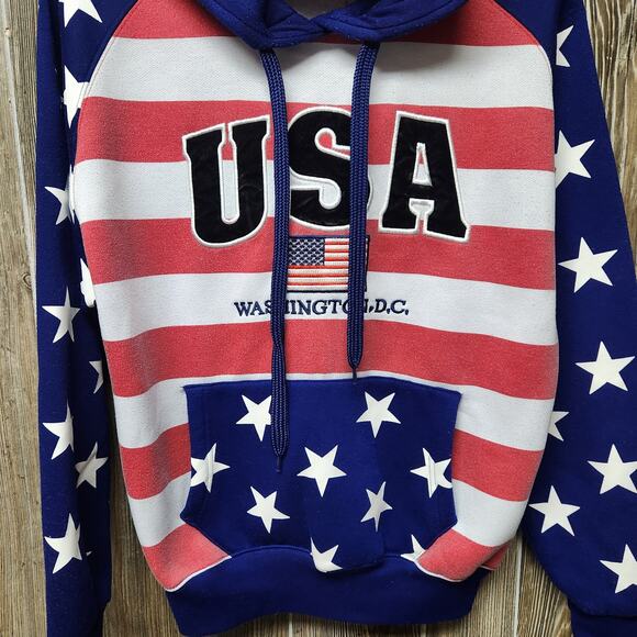 American Flag Hoodie Pullover Sz M NT Souvenir Washington USA Red White Blue - Picture 2 of 12